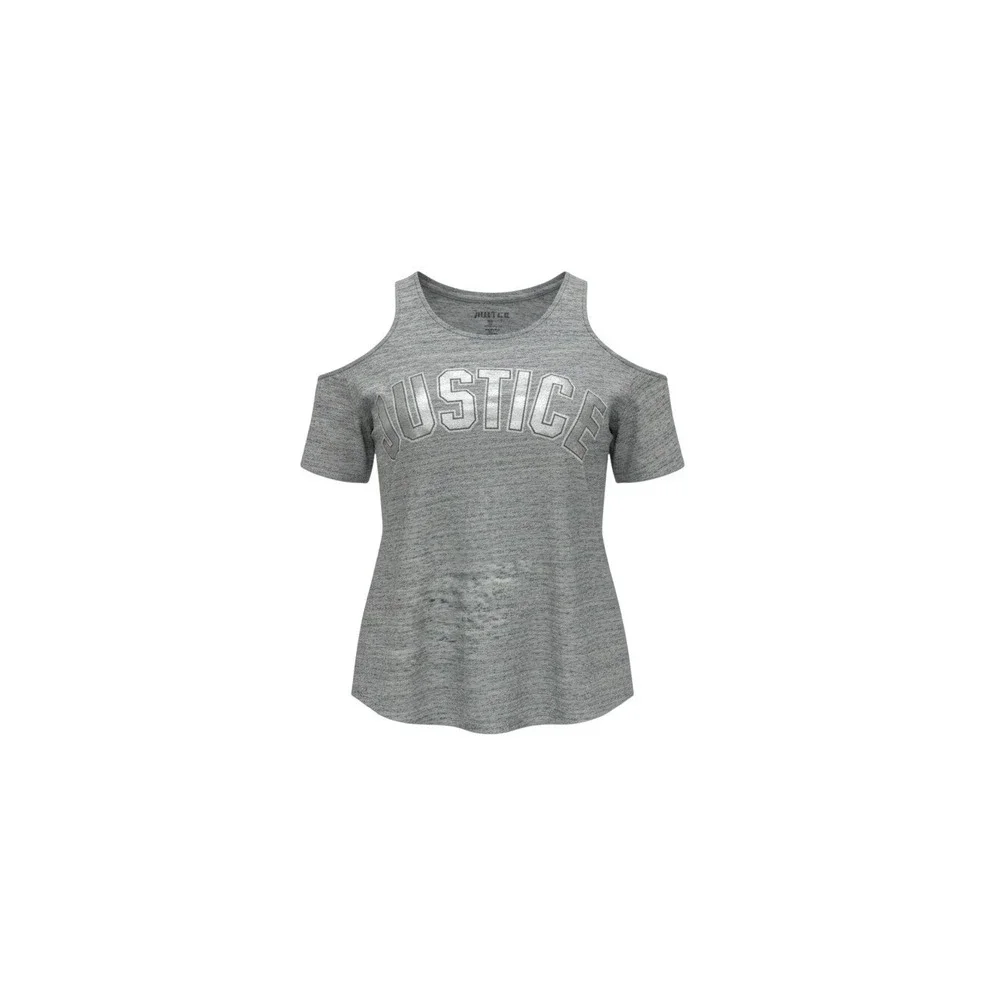 Justice Cold Shoulder Top Girls 18/20 Grey New Metallic Logo Short Sleeve